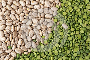 Green Split Peas and Pinto Beans Close Up Top View. Food Background, Dried Beans, Legume Family