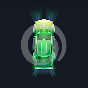 Green sports car view from the top. Racing design. Blockchain game. Modern colorful design