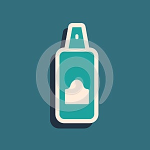 Green Spray can for hairspray, deodorant, antiperspirant icon isolated on green background. Long shadow style. Vector