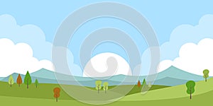 Green spring countryside landscape with trees, sun, blue sky and mountains vector illustration.