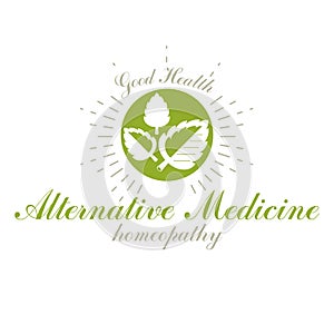 Green spring leaves vector symbol for use in medical and social theme advertisement. Raw food diet vector graphic conceptual logo