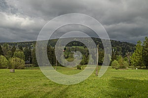 Green spring meadow near Bedrichov village in Jizerske mountains photo