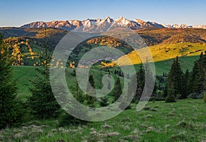 Green spring meadow with snowy mountains in the backgroound and blue sky.