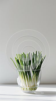 Green spring onions in a clear glass bowl on a white surface,. AI Generated