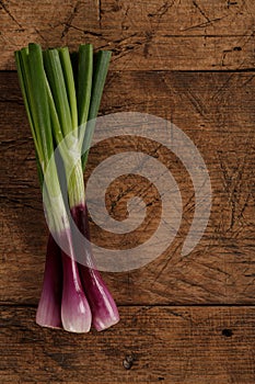 Green spring onions on wooden table