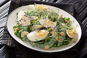Green spring salad made from peas, micro greens, nuts and eggs close-up on a plate. horizontal