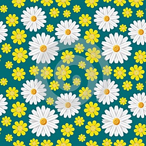 Green spring seamless pattern with light flowers: white camomile and yellow buttercup isolated on dark blue background