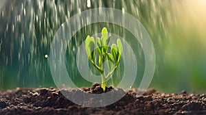 Green Sprout Growing In Rn Water Droplets On Soil photo