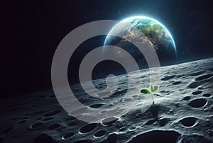 Green sprout on the lunar surface, the birth of a new life. Space exploration colonization