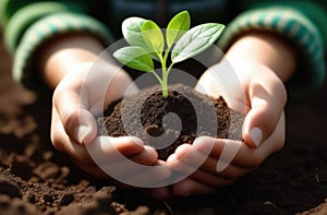 a green sprout in the palms, a handful of earth in the hands, Handholding tree sapling, planting plants, a young plant