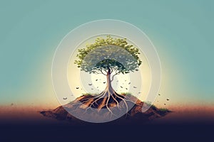 A green sprout of a tree grows alone in the desert. ai generative