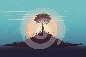 A green sprout of a tree grows alone in the desert. ai generative