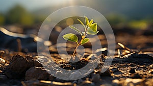 A green sprout of a tree grows alone in the desert