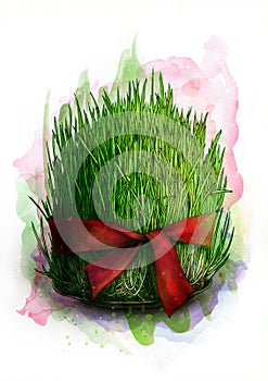Green sprouted wheat seeds with red ribbon, a traditional symbol of Novruz Bayram - semeni, sketch