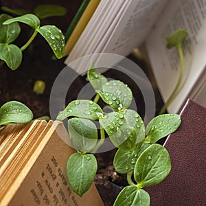 Green sprouts with drops of dew, rain among open books. Concept of knowledge, cognition, ecology