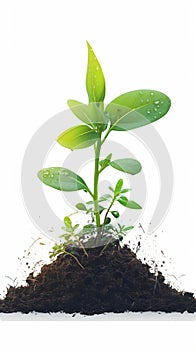 Green sprouts growing from soil, white background, nature concept