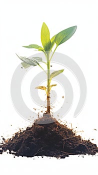 Green sprouts growing from soil, white background, nature concept