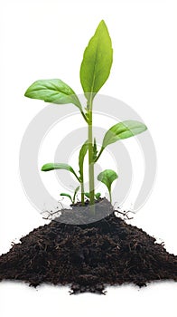 Green sprouts growing from soil, white background, nature concept