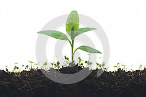 Green sprouts growing from soil, white background, nature concept