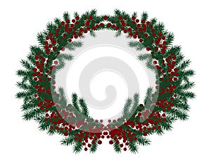 Green Spruce branch wreath with red berries on a white background.