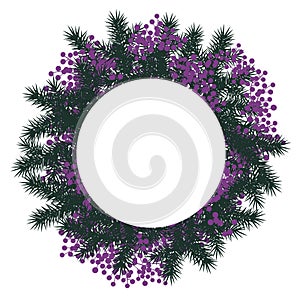 Green Spruce branch wreath with violet berries on a white background