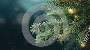 Green spruce branches with garland lights on a blurred blue evening background