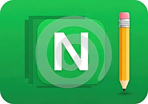 Green square icon with a white letter n and a yellow pencil isolated on white background