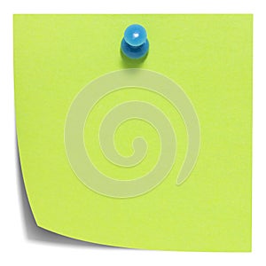 Green square sticky note, with a blue pin, isolated
