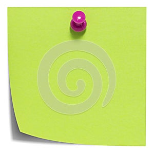 Green square sticky note, with pink pin, isolated