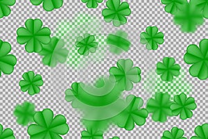 Green St. Patrick day seamless pattern on transparent background with clover four-leaf blured leaves. Vector overlay design