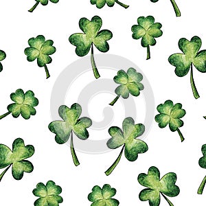 Green St. Patrick`s Day clover on white background watercolor pencils drawing seamless pattern