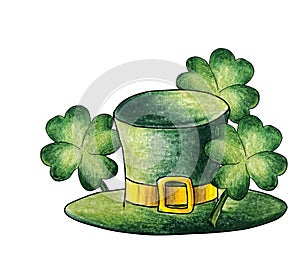 Green St. Patrick`s Day hat and clover on white background isolated watercolor pencils drawing