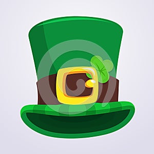 Green St. Patrick`s Day hat with four-leaf clover isolated on white background.