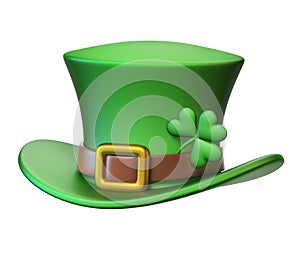 Green St. Patrick`s Day hat with four-leaf clover isolated on white background 3d rendering