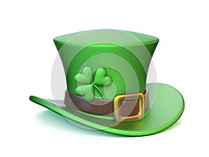 Green St. Patrick`s Day hat with four-leaf clover isolated on white background 3d rendering