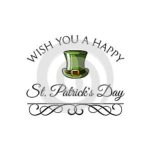 Green St. Patrick s Day hat. Greeting card with swirls. Vector illustration.