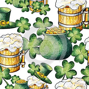 Green St. Patrick`s Day hat, pot with gold, beer and clover on white background watercolor pencils drawing seamless pattern