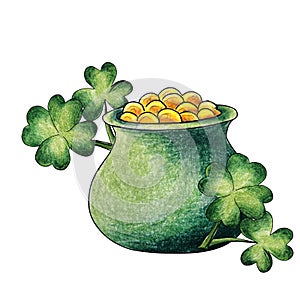Green St. Patrick`s Day pot with gold, and clover on white background watercolor pencils drawing isolated