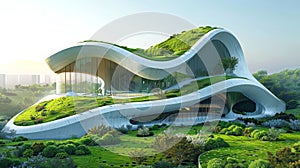 Green stadium with a distinctive architectural style surrounded by tropical plants. Sports venue. Concept of eco