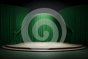 Green stage with velvet curtains and spotlights.