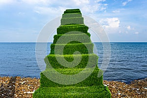 Green staircase to the sky, scenery, photozone on the beach, amid environmental disaster on Phu Quoc in Vietnam