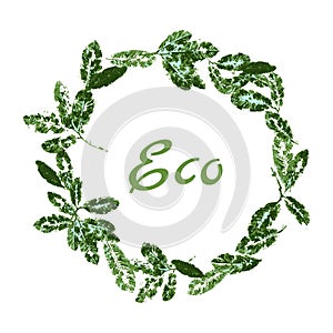 Green stamp leves on white background, botanical wreath circle frame, isolated vector photo