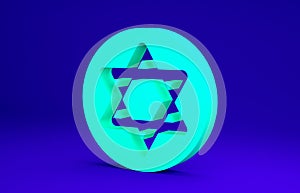 Green Star of David icon isolated on blue background. Jewish religion symbol. Symbol of Israel. Minimalism concept. 3d