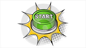 Green Start button expression text on a Comic bubble with halftone. Vector illustration of a bright and dynamic