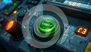 Glowing Green Start Button on a Futuristic Control Panel