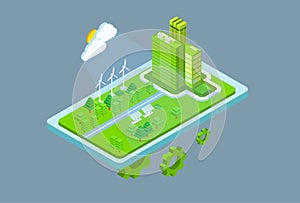 Green Station Solar Energy Panel Wind Turbine Tower Recycle Technology Battery 3d Isometric