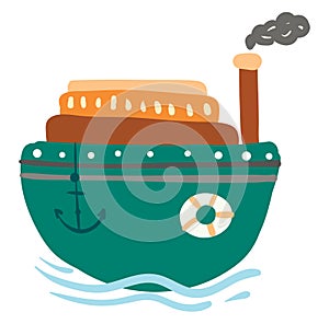 Green steam ship with anchor vector or color illustration