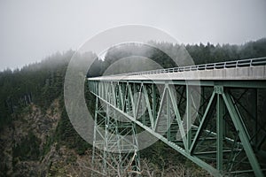 Green steel arch bridge in a forest covered in the fog on a gloomy day