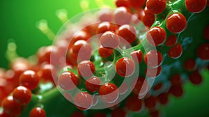 The green stem is covered with many red balls. Fantastic abstract alien organic tissue. Microbiology research. Generative AI.