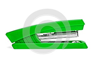 Green stepler isolated on white background